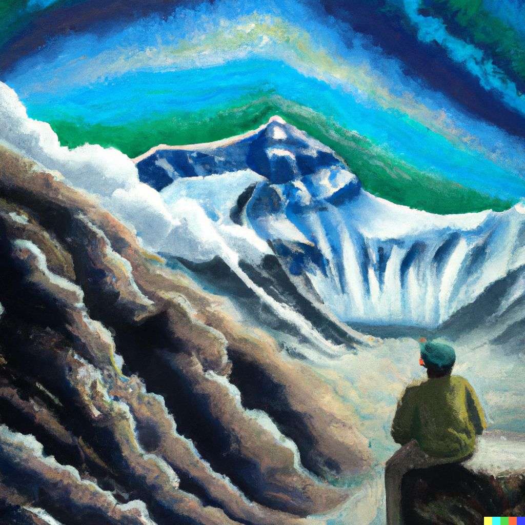 someone gazing at Mount Everest, painting, surrealism style